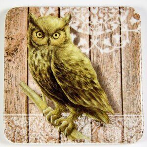 Great Horned Owl Glazed Ceramic Tile Coaster Transfer Pattern 3.75" Square Cork